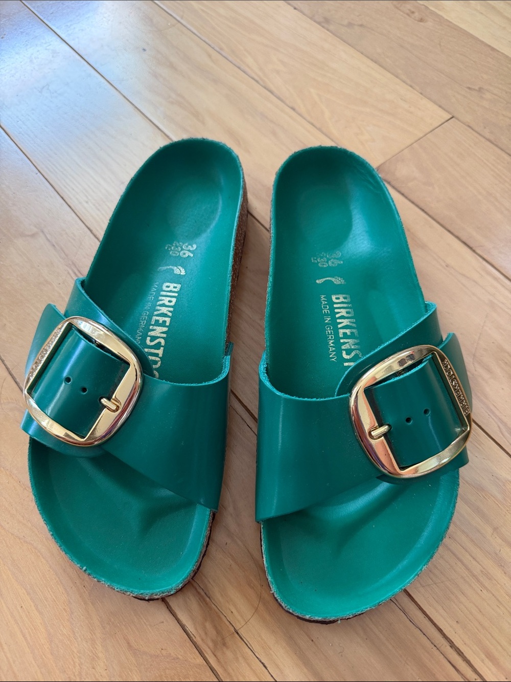 Birkenstock Madrid Big Buckle Slide - emerald green with Gold Buckles